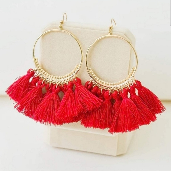 Red Bohemian/Aztec Hoop Tassell Earrings - Picture 6 of 6